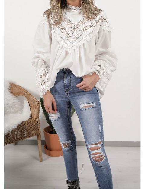 Blusa Blanca Crochet Cuello Y Puños