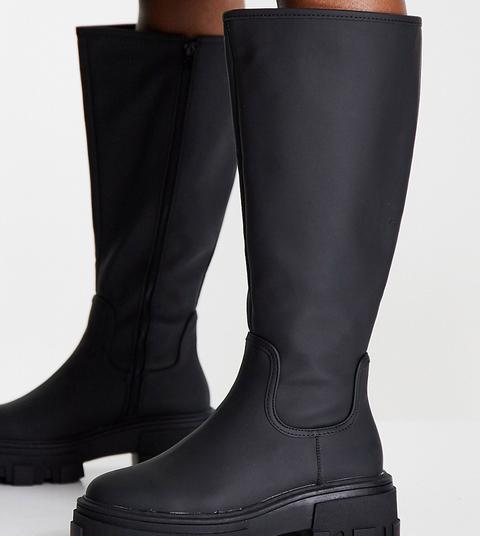 Asos Design Wide Fit Carla Chunky Flat Boots In Black