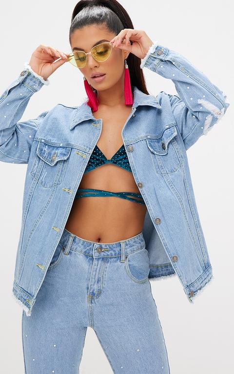 Light Wash Diamante Oversized Denim Jacket