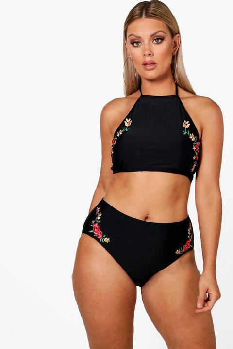 Plus Embroidered High Waist Crop Bikini