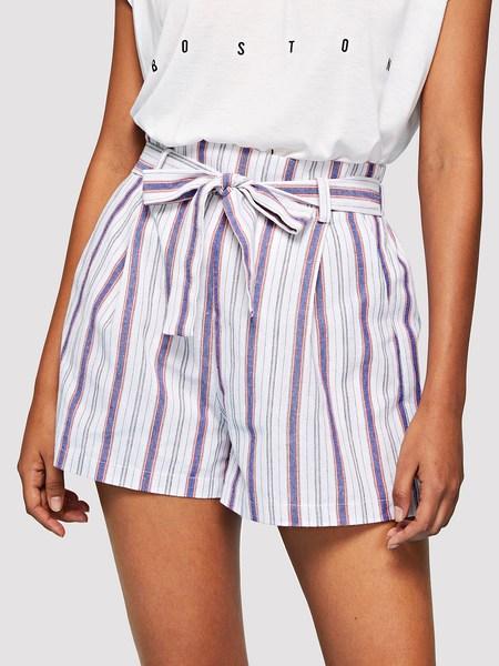 Shorts In Lino A Righe Con Cintura