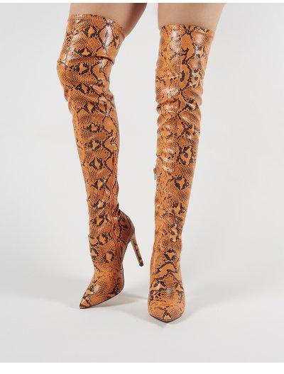 Knee Boots In Orange Snake Print 