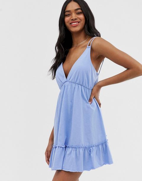 Vestido Veraniego Corto En Diseño Amplio Con Bajo Con Volante En Azul De Asos Design