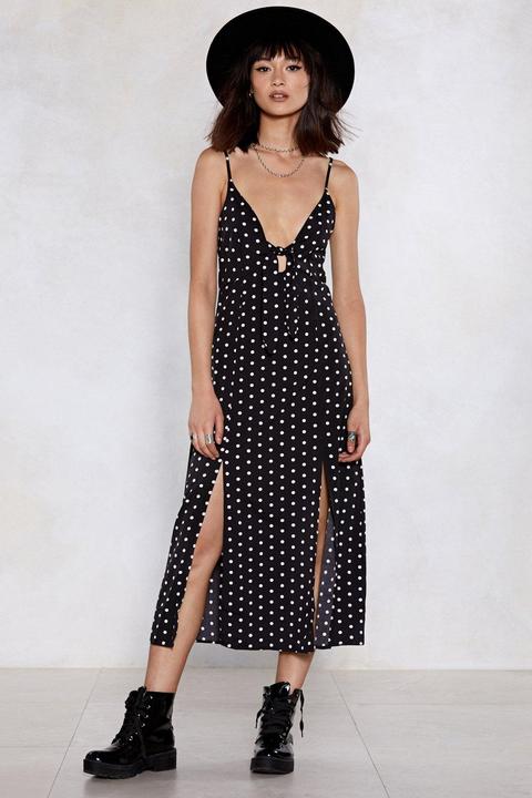 Womens Polka Dot V Neck Slit Midi Dress