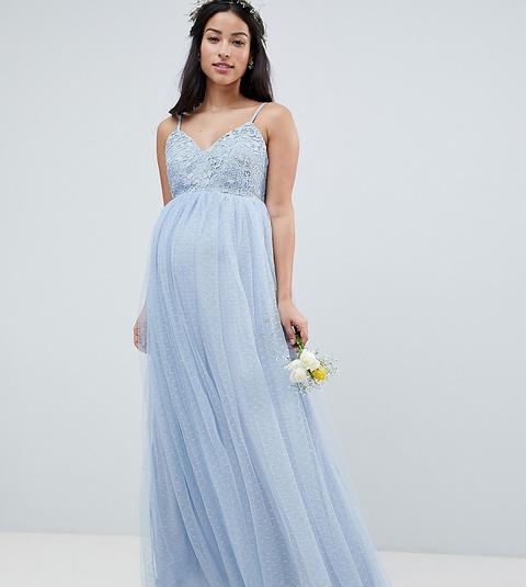 Asos Design Maternity - Träger-maxikleid Mit Spitze Und Gepunktetem Mieder - Blau