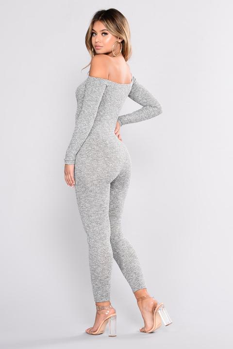 grey off the shoulder jumpsuit