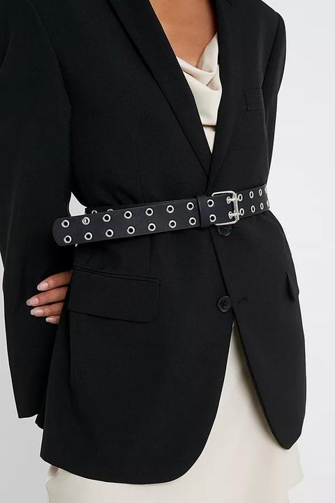 Uo Faux Leather Double Eyelet Belt - Black S/m At Urban Outfitters