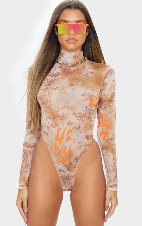 Nude Oriental Print Mesh High Neck Bodysuit