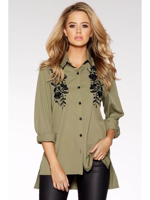 Khaki And Black Floral Embroidered Shirt