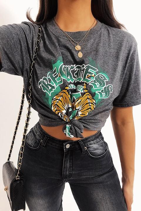 Charcoal Reckless Tiger Print Oversized T-shirt