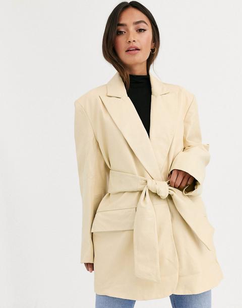 Asos Design Leather Grandad Jacket In Lemon-green
