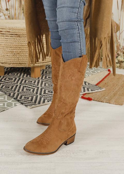 Bota Campera Efecto Ante Camel Pespuntes Claros