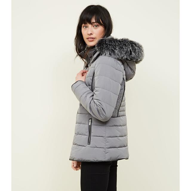 Pale grey faux fur trim hooded puffer on sale jacket