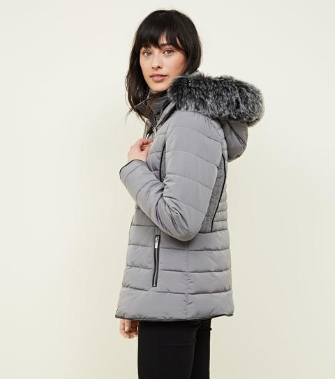 Pale grey faux fur trim hooded puffer on sale jacket