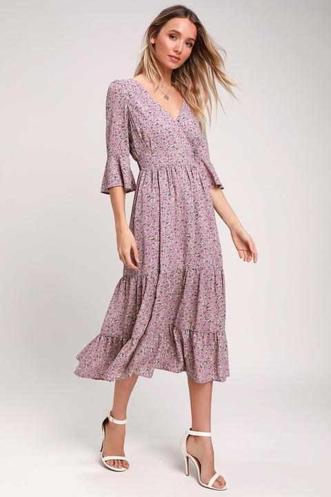 Where The Wind Blows Dusty Lavender Floral Print Midi Dress - Lulus