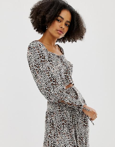 Asos Design - Top Con Stampa Animalier Leopardata A Dettaglio Sulle Maniche In Coordinato - Multicolore