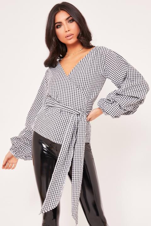 Emily Gingham Long Ruffle Sleeve Blouse