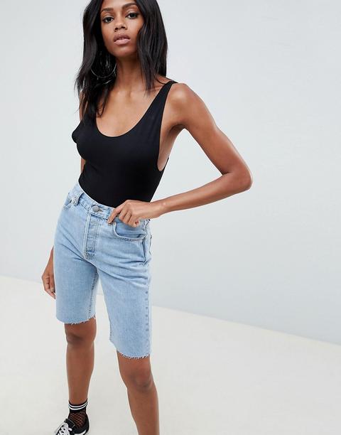 Asos Design Denim High Rise Longline Short In Midwash Blue