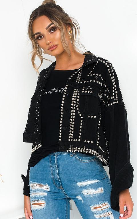 Henley Studded Embellished Denim Jacket In Black