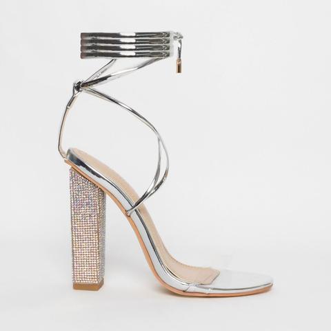 silver diamante block heel shoes