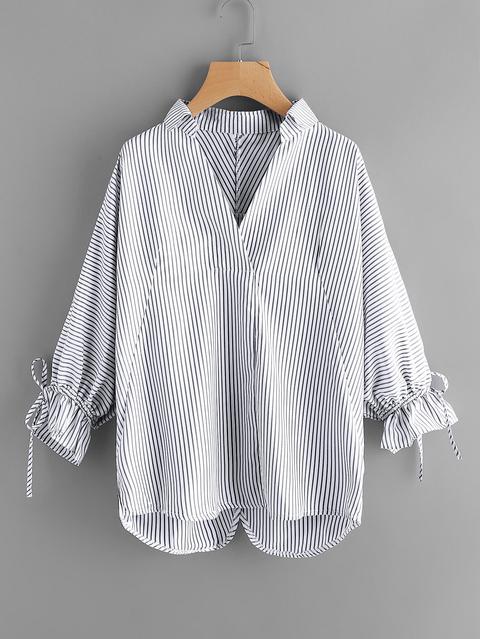 Striped Drawstring Cuff Blouse
