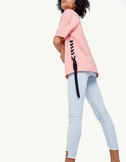 Maglietta Oversize Con Lace Up Rosa Carne