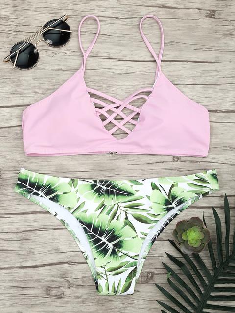 Cami Criss Cross Lattice Cut Bikini Set - Pink - M