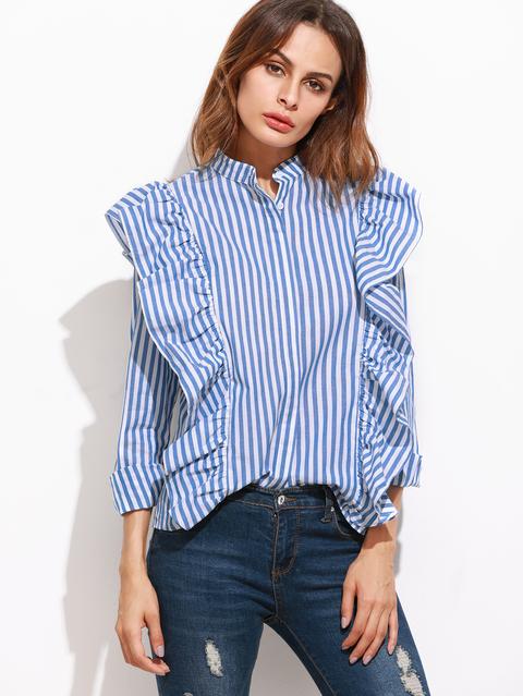 Blusa A Rayas Con Volantes - Azul