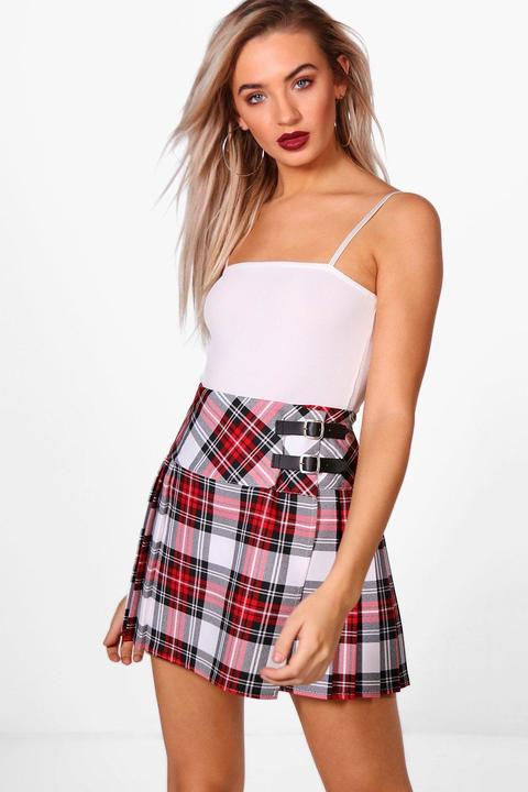 Buckle Detail Tartan Check Pleated Kilt Woven Skirt