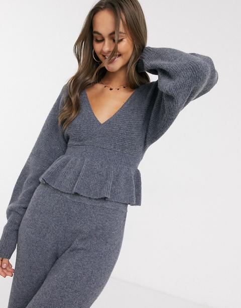 Asos Design Co-ord Wrap Front Rib Jumper In Recycled Blend-grey