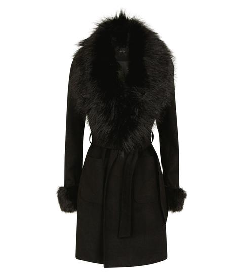 black detachable faux fur trim coat