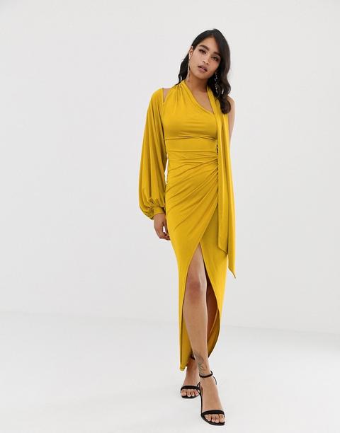 Vestido Largo Y Ajustado Con Diseño Asimétrico Con Detalle En La Manga De Asos Design-amarillo