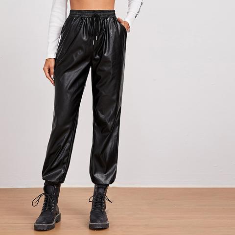 Knot Waist Slant Pocket Pu Leather Trousers