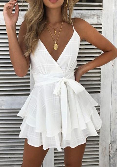 White Cascading Ruffle Cross Back Bow Backless Mini Dress