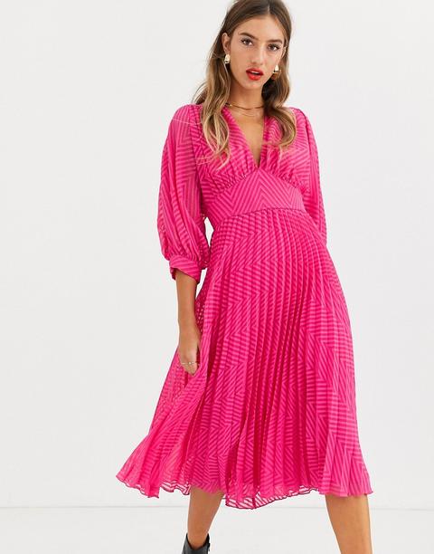 Vestido Midi Plisado Con Manga De Murciélago En Plumeti De Chevron Rosa Intenso De Asos Design