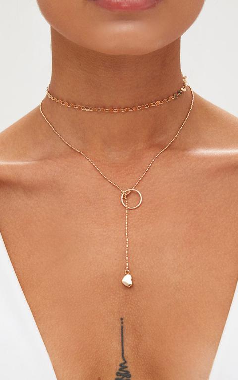 Gold Double Layer Hoop Heart Drop Choker