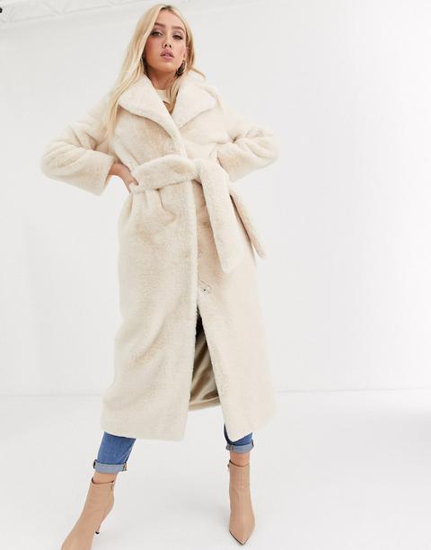 Asos Design Plush Faux Fur Longline Maxi With Belt In Cream