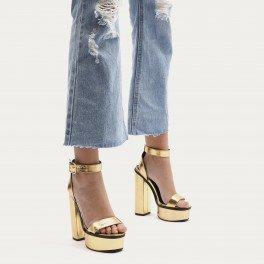 Valencia Metallic Platform Heels With Trim In Gold