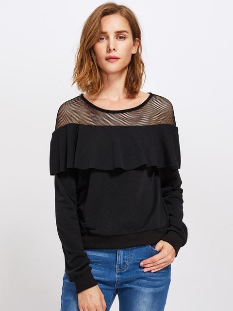 Contrast Mesh Ruffle Trim Sweatshirt