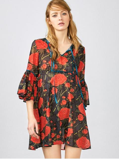 Red Floral 3/4 Sleeve Blouse