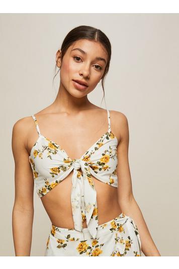 Womens Petite Floral Yellow Bra Top, Pale Yellow