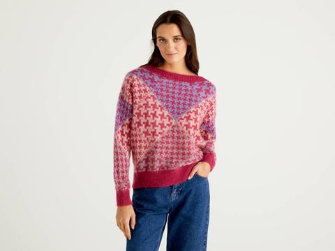 Benetton, Jersey De Jacquard Ciclamen De Mohair Mixto, Size S, Ciclamen, Mujer
