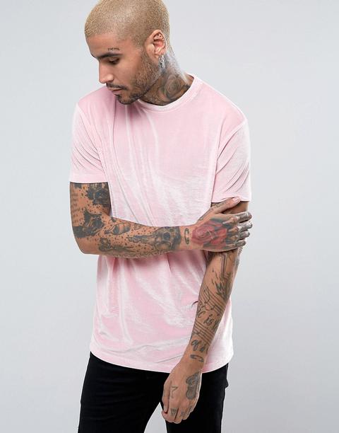 Asos - T-shirt Lunga In Velour Rosa - Rosa