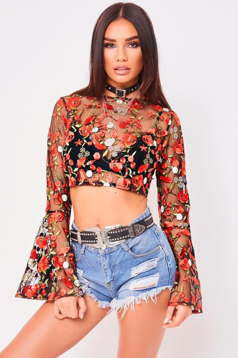 Frankie Black Mesh Floral Embroidered Crop Top