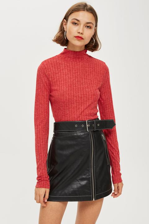 Womens Red Long Sleeve Funnel Neck Top - Red, Red