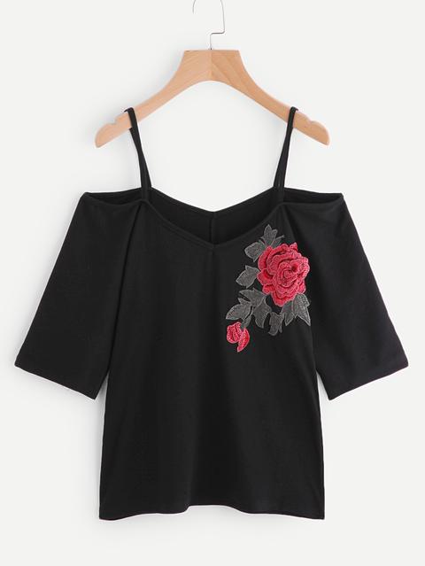 T-shirt Con Spalle Scoperte E Applique Ricamato