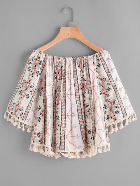 Blusa De Cuello Barco Con Estampado Al Azar Con Fleco