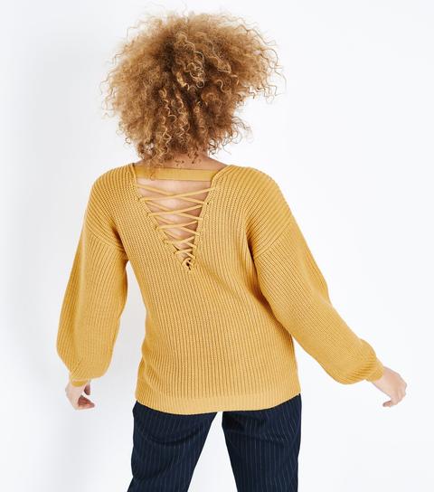 Mustard Yellow Lattice Back Balloon Sleeve Jumper New Look