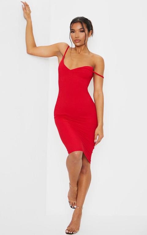 Red Ribbed Plunge Midi Dress