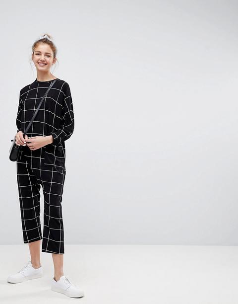 Asos Design - Tuta Jumpsuit Lunga Minimal In Jersey A Quadri Con Maniche Ad Ali Di Pipistrello - Nero